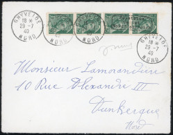 Obl. 411 - 2 Paires Verticales Du 25c. Mercure Vert, Surch. Dunkerque, Obl. S/devant De Lettre Frappée Du CàD De GHYVELD - War Stamps