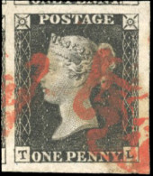 Obl. SG#1 - 1 Penny Black. Small Crown. Imperf. Lettered T-L. Used. Cancelled By A Red Maltese Cross. Superb Four Margin - Andere & Zonder Classificatie