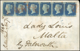 Obl. SG#5 - 1840. Envelope To ''Lady Louis, Malta'' Franked With Horizontal Strip Of 6. 1840. 2d. Blue. Plate 1. Lettere - Autres & Non Classés