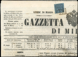 Obl. 2 - 9c. Bleu Obl. Petite Grille S/journal GAZZETTA DI MILANO Du 30 Mai 1857, Marge Courte En Bas Sinon Pièce De Qua - Parma