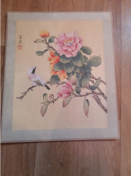 Peinture Sur Soie  XX E  Peinte A La Main En Chine - Signee - Fleur-  Oiseau - Art Asiatique