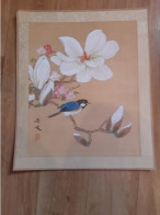 Peinture Sur Soie  XX E  Peinte A La Main En Chine - Signee - Fleur-  Oiseau - Arte Asiático