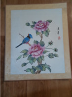 Peinture Sur Soie  XX E  Peinte A La Main En Chine - Signee - Fleur -  Oiseau - Arte Asiático