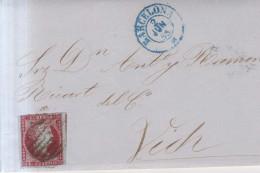 Año 1855 Edifil 40 Carta A Vich Matasellos Rejilla Y Azul Barcelona - Storia Postale