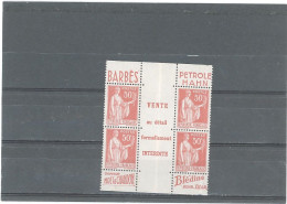 BANDE PUB -N°283e PAIX 50 C - N**  2 PAIRES VERTICALES AVEC BANDE INTERFEUILLÉ -MAURY 222 C +227b - Neufs