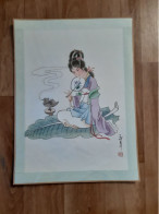 Peinture Sur Soie  XX E  Peinte A La Main En Chine - Signee -  Jeune Fille - Oiseau - Aziatische Kunst