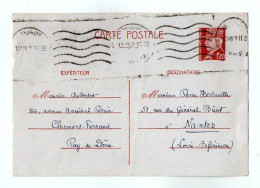 TB 4718 - 1942 - Entier Postal Type PETAIN - M. AUBERTOT à CLERMONT - FERRAND Pour M. P. HORLAVILLE, Professeur à NANTES - Standard Postcards & Stamped On Demand (before 1995)