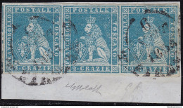 1851-52 TOSCANA, N. 5d - 2 Crazie Azzurro Su Grigio ,  STRISCIA DI TRE SU FRAMME - Toscana