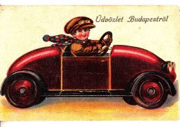 CM48.Vintage Novelty Hungarian Postcard. Girl In A Car. Greetings From Budapest. - Voitures De Tourisme