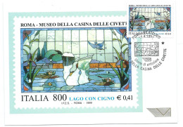 Italia, Italy 1999 ; CYGNES / SWANS : "Museo Della Casina Delle Civette" : Maximum Card E FDC Con Annullo Speciale. - Cygnes