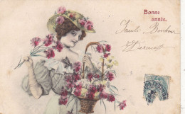 NOUVEL AN. CPA..  " BONNE ANNEE " .ILLUSTRATION.  FEMME. SERIE " SALUTS DES FLEURS ". ANNEE 1905. + TEXTE - Año Nuevo