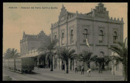 SPAIN - HUELVA - Estacion Del Ferro Carril A Sevilla. (  Ed. Papelaria M.Mora Y Ca.) Carte Postale - Gares - Avec Trains