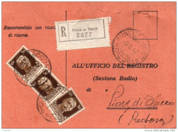 1942 CARTOLINA  RACCOMANDATA CON ANNULLO  PIOVE DI SACCO PADOVA - Marcofilía