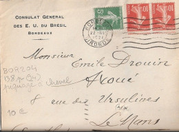 France Yvert 138p O Semeuse Camée Piquage à Cheval Bordeaux Flier BOR 204 - Cartas & Documentos