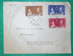STAMPS VIRGIN ISLAND GEORGE VI RED BROWN BLUE FOR TOUQUET PARIS PLAGE FRANCE 1937 COVER - British Virgin Islands