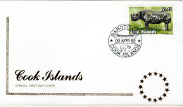 FDC COOK ISLANDS, Rhinoceros   /  Lettre De Premiére Jour, Rhinoceros   1992 - Rhinoceros