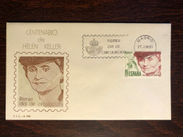 SPAIN FDC COVER 1980 YEAR HELEN KELLER BLIND BLINDNESS HEALTH MEDICINE STAMPS - FDC