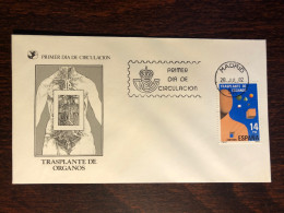 SPAIN FDC COVER 1982  YEAR ORGAN DONATION DONORS HEALTH MEDICINE STAMPS - FDC