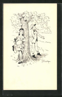Künstler-AK Sign. John Blackwhite: Verliebtes Mädchensich Hinter Einem Baum Versteckend  - Sonstige & Ohne Zuordnung