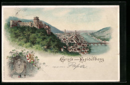 Lithographie Heidelberg, Gesamtansicht Mit Schloss, Das Grosse Fass  - Heidelberg