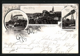 Lithographie Weida, Schloss Osterburg, Oschützthal-Viadukt  - Weida