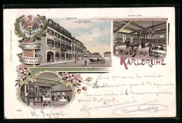 Lithographie Karlsruhe, Restaurant Zum Goldenen Adler J. Sohwinn Mit Marktplatz Und Saal  - Karlsruhe