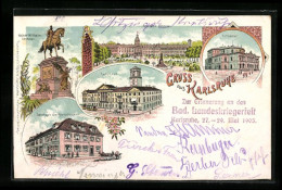 Lithographie Karlsruhe, Bad. Landeskriegerfest 1905, Gasthaus Zum Kronprinzen, Residenz-Schloss, Hoftheater  - Theater