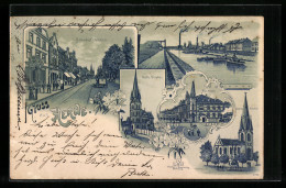 Lithographie Herne, Postamt, Bahnhofstrasse, Evang. Kirche  - Herne