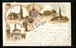 Lithographie Düren, St. Anna Kirche, Rathaus, Bahnhof  - Dueren