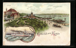 Lithographie Kiel, Hafen Und Landungsbrücken Mit Schloss Und Seegarten, Yacht Hohenzollern  - Kiel