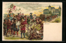 Lithographie Mylau, König Karl IV. Bei Der Rückkehr Von Der Jagd, Schloss Mylau  - Mylau