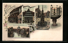 Lithographie Nürnberg, Pellerhaus, Schöner Brunnen, Gänsemännchen, Bratwurstglöcklein  - Nuernberg