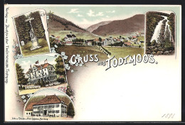 Lithographie Todtmoos, Gasthof Zum Löwen, Hotel Kurhaus, Wasserfall  - Todtmoos