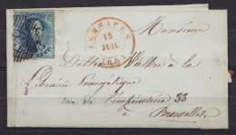 L. De Pâturages Affr. N°7 P65 Càd JEMMAPES /15 JUIL 1851 Pour Libraire à BRUXELLES (au Dos: Càd BRUXELLES) - 1851-1857 Medaillen (6/8)