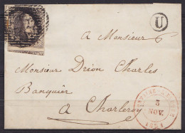 L. De SOUVRET Affr. N°6 Càd FONTAINE L'EVEQUE /3 NOV 1851 Pour Banquier à CHARLEROI - Boîte "U" (au Dos: Càd Arrivée CHA - 1851-1857 Medaillen (6/8)