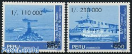 Peru 1990 Navy 2v, Overprints, Mint NH, Transport - Various - Helicopters - Ships And Boats - Lighthouses & Safety At .. - Helicópteros