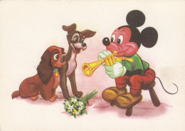 Disney - Mickey Mouse W Trumpet , Lady & Tramp Old Postcard 1965 - Other & Unclassified