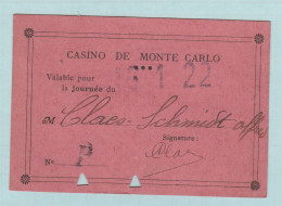 Casino De Monte Carlo - Carte D'entrée ... Valable Une Journée ... Réglement Au Verso - Tickets D'entrée