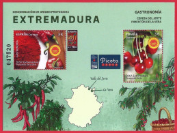 España. Spain. 2024. HB. Gastronomía. D.O. Protegidas. Extremadura. Cereza Del Jerte. Pimentón De La Vera - Unused Stamps