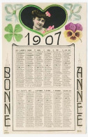CPA Calendrier 1907 (2) Bonne Année  Trèfles à Quatre Feuilles  Fleur Pensée Cœur Photo Jeune Femme Fleurie - New Year