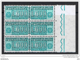 REPUBBLICA:  1955/80  PACCHI  IN  CONCESSIONE  -  £. 600  VERDE  SMERALDO  STRISCIA  DI  3  N. -  SASS. 20 - Concessiepaketten