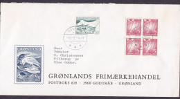 Greenland GRØNLANDS FRIMÆRKEHANDEL Cachet GODTHÅB 1974 Cover Brief ODDER Denmark Kajak Post (Cz. Slania) & 4-Block - Storia Postale