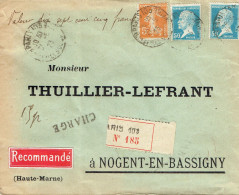 Tarifs Postaux France Du 01-04-1920 (15) Pasteur N° 176 50 C X 2 + 5 C Semeuse Lettre Chargée 1er 31-05-1923 - 1922-26 Pasteur