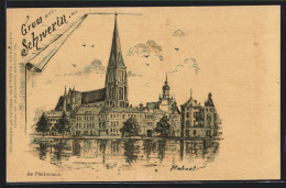 Lithographie Schwerin / Mecklenburg, Stadtpanorama Am Pfaffenteich  - Schwerin