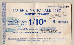 Agen (47) Billet De Loterie Vendu Par A LERENE Coutellerie Orfevrerie Optique Orthopedie Etc  1937  (PPP46910 /D) - Billets De Loterie