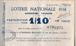 Agen (47) Billet De Loterie Vendu Par A LERENE Coutellerie Orfevrerie Optique Orthopedie Etc  1938  (PPP46910 /E) - Billets De Loterie