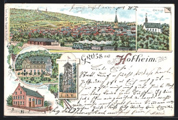 Lithographie Hofheim /Taunus, Vincents-Haus, Kapelle, Turnhalle, Ortsansicht Mit Bahnhof  - Taunus