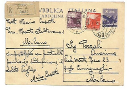 CP Democratica L.8 Raccoamandato + L.20+ L4 Milano 2apr1949 X Città - 1946-60: Poststempel