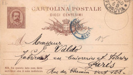 Italien Ganzsache CARTOLINA POSTALE DIECI CENTESIMI 1880 Nach Paris - Ganzsachen