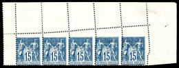 N°90, 15c Bleu: Piquage Oblique Par Pliage Sur Bande De Cinq Haut De Feuille. SUP. R. (certificat)  Qualité: **  Cote: 1 - 1876-1898 Sage (Type II)